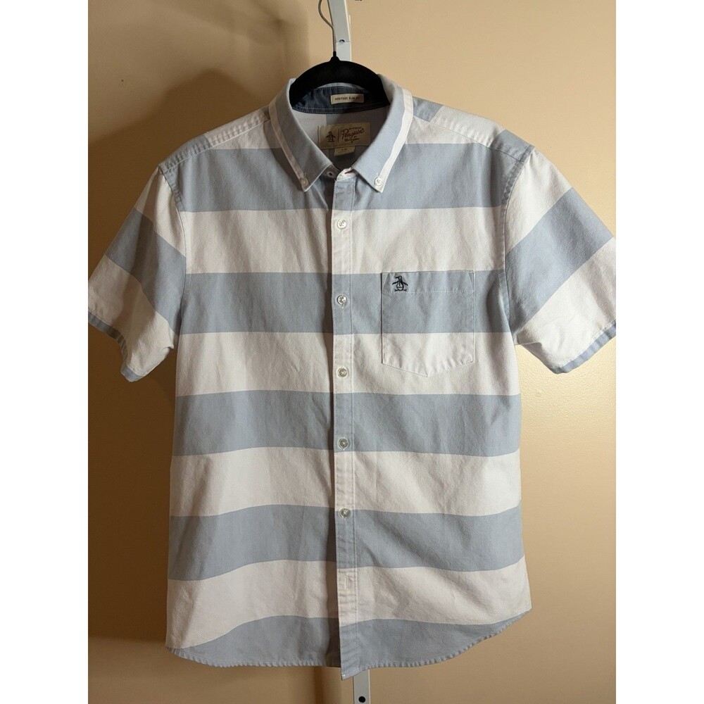 Penguin by Munsingwear Heritage Slim Fit Men L Short Sleeve Button Shirt Blue